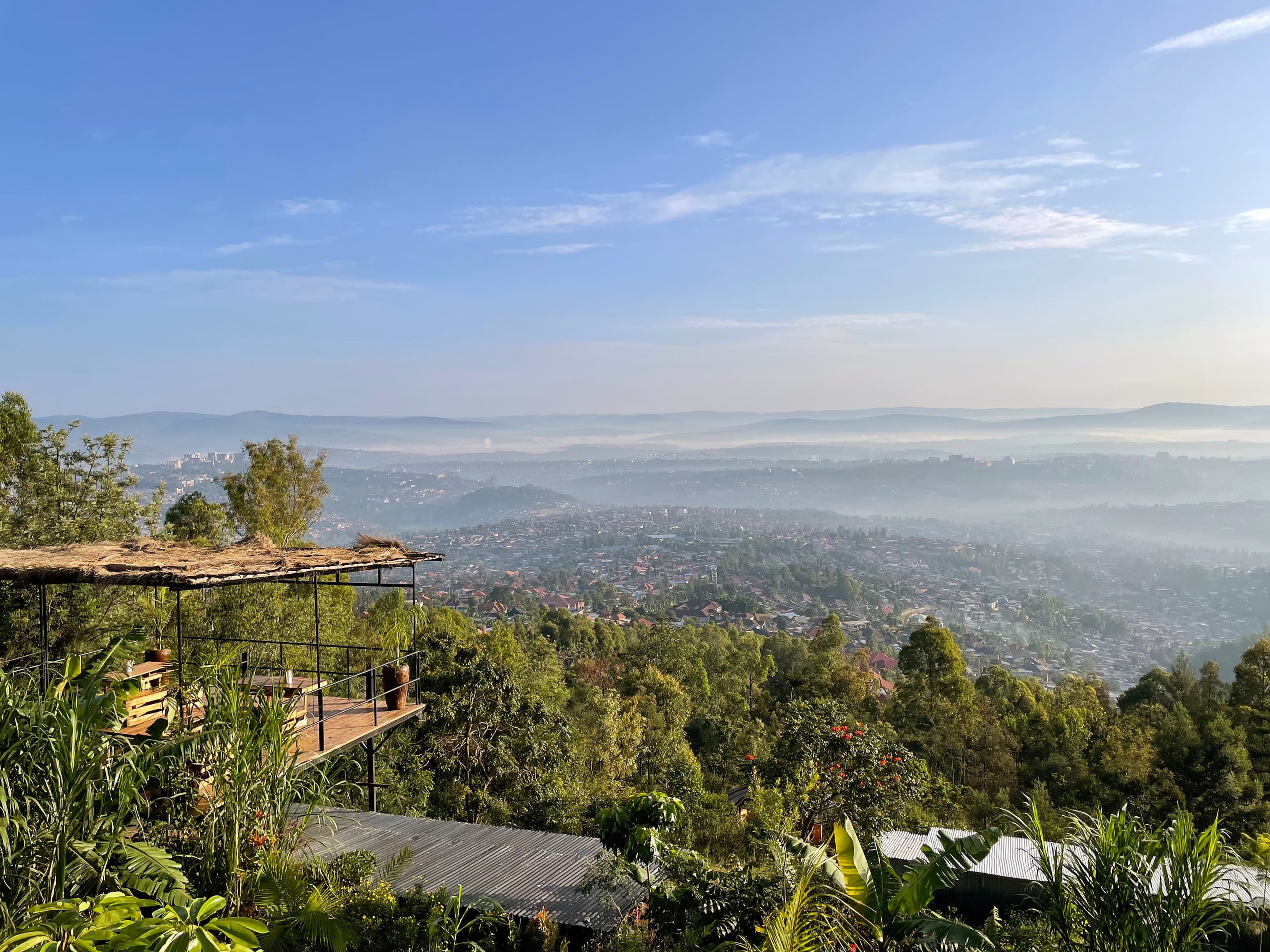 Dawn over Kigali and the thousand hills of Rwanda, seen from a hillside lodge